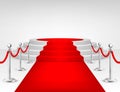 Realistic vector red event carpet, silver barriers and white stairs isolated on white background. Design template Royalty Free Stock Photo