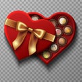 Realistic vector red velvet candy open box with golden bow in heart shape with collection of different chocolate candies in dark Royalty Free Stock Photo