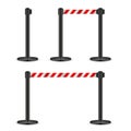 Realistic vector retractable belt stanchion. Crowd control barrier posts with caution strap. Queue lines. Restriction