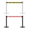 Realistic vector retractable belt stanchion. Crowd control barrier posts with caution strap. Queue lines. Restriction