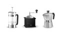 Realistic vector set of italian aluminium coffee mocca kettle, french press coffee maker and a coffee grinder on white background