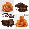 Realistic vector set with chocolate slices and crumbs. Liquid caramel syrup. Toffee cream and candies. 3d illustration Royalty Free Stock Photo