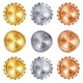 Realistic Vector set of 3D golden, silver, and bronze winner abstract badges with laurel wreaths. Shiny trophy prize design in Royalty Free Stock Photo