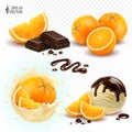 Realistic vector set of desserts with fresh orange fruits, flavored citrus ice cream, liquid chocolate topping. 3d food Royalty Free Stock Photo