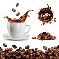 Realistic vector set of elements: coffee beans background, coffee cup, a coffee splash, pile and stain, logo