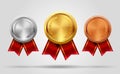 Realistic vector set of empty shining gold, silver and bronze medals and ribbon. Premium badges. Winner sport awards Royalty Free Stock Photo