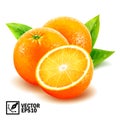 Realistic vector set fresh whole oranges and sliced orange with leaves and dew drops Royalty Free Stock Photo