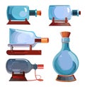 Realistic vector set of glass bottles with different shapes. Collection of pirate empty bottles. Hobby and sea theme