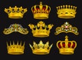 Realistic vector set of golden crowns and tiaras decorated with precious stones. Shiny headdress of royal person