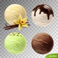 3D Realistic vector set of ice cream scoops vanilla flower and sticks, pistachios, flowing chocolate