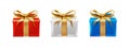 Realistic vector set of icons. Celebration present boxes in red, white and blue color with golden ribbon and bows Royalty Free Stock Photo