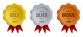 Realistic vector set of shining gold, silver and bronze medals and ribbon. Premium badges. Winner medals awards. Achievement icons