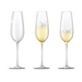 Realistic vector set of sparkling champagne glasses. Empty glass, full and half full champagne glass. Royalty Free Stock Photo