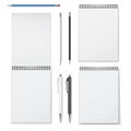 Realistic vector set of vertical spiral notebooks open closed and writing instruments such as pencils and pens. Royalty Free Stock Photo