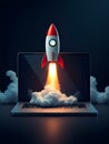 A realistic vector showing a rocket launching from a laptop, symbolizing innovation, entrepreneurship, and growth Royalty Free Stock Photo
