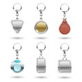 Realistic vector silver, golden, leather keychains in different shapes isolated on transparent background