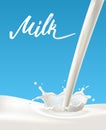 Realistic vector splash with pouring milk on blue background. Handmade lettering Royalty Free Stock Photo