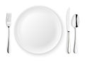 Realistic vector spoon, fork, knife and dish plate closeup on white background. Design template or mock up. Top