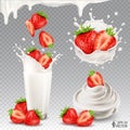 Realistic vector strawberry in milk or yogurt with drops. Bowl of natural yogurt or cream. Ripe berries falling into a glass of Royalty Free Stock Photo