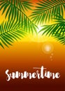 Realistic vector summer sunset poster with palm leaf Royalty Free Stock Photo