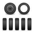 Realistic vector tires set. Car tires with different tread marks. Vector wheel icons Royalty Free Stock Photo