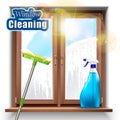 Realistic vector washing of the windows background, with mop and spray product