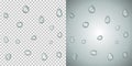 Realistic vector water droplets on a transparent background. Example on a gray background