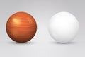 Realistic vector white ball and wooden sphere