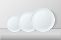 Realistic vector white food dish plate icon set front view closeup - small, medium and big. Design template, mock up for