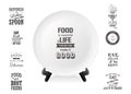 Realistic vector white food dish plate on a stand with quotes about food set closeup on white background