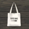 Realistic vector white textile tote bag. Closeup on wood background. Design template for branding, mockup. EPS10.