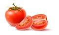 Realistic vegetable. 3D agriculture food. Fresh farm vegetarian product. Whole and sliced tomatoes. Healthy diet