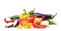 Realistic vegetables composition. Plant origin ingredients. Raw fresh products. Organic tomatoes and onions. Vegan food