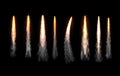 Realistic vertical fire and smoke rocket trails collection vector illustration