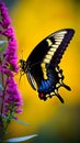 Realistic vibrant butterfly perches on a Macedonia flower branch natural blurred background