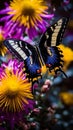 Realistic vibrant butterfly perches on a Macedonia flower branch natural blurred background