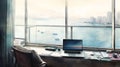 Realistic, vibrant illustration of a workspace with a MacBook, iPad, with a city skyline view in the background Royalty Free Stock Photo