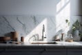 A realistic view of a kitchen counter in the blank state and a marble wall with a sink and faucet.