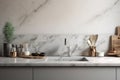 A realistic view of a kitchen counter in the blank state and a marble wall with a sink and faucet.
