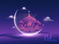 Realistic view of mosque and crescent moon on purple background for Eid Mubarak.