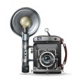 Realistic vintage retro camera with flare. Vector illustration.