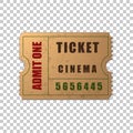 Realistic vintage retro cinema ticket isolated object on transparent background. Cinema, theater, concert, movie