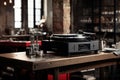 Realistic vinyl bar in industrial loft with turntable and musical artifacts for authentic ambiance