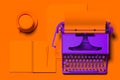 Realistic violet typewriter with orange blank paper on orange desk. 3d rendering. Minimalism concept.