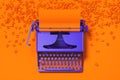 Realistic violet typewriter with orange blank paper on orange desk. 3d rendering. Minimalism concept.