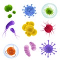 Realistic viruses types. 3d bacteria and germs, microorganism shapes and bacillus flu, covid-19 pathogen. Biological