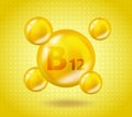 Realistic Vitamin B12 Cyanocobalamin design. Yellow nutrition illustration concept. 3D Vitamin complex B12