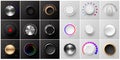 Realistic volume dial. Metal and plastic radio knob. Black and white rotating buttons. Stereo sound round tuners. Dashboard Royalty Free Stock Photo