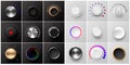 Realistic volume dial. Metal and plastic radio knob. Black and white rotating buttons. Stereo sound round tuners Royalty Free Stock Photo