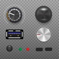 Realistic volume dial vector. Metal and plastic radio knob. Stereo sound round tuner, slider and button. Royalty Free Stock Photo